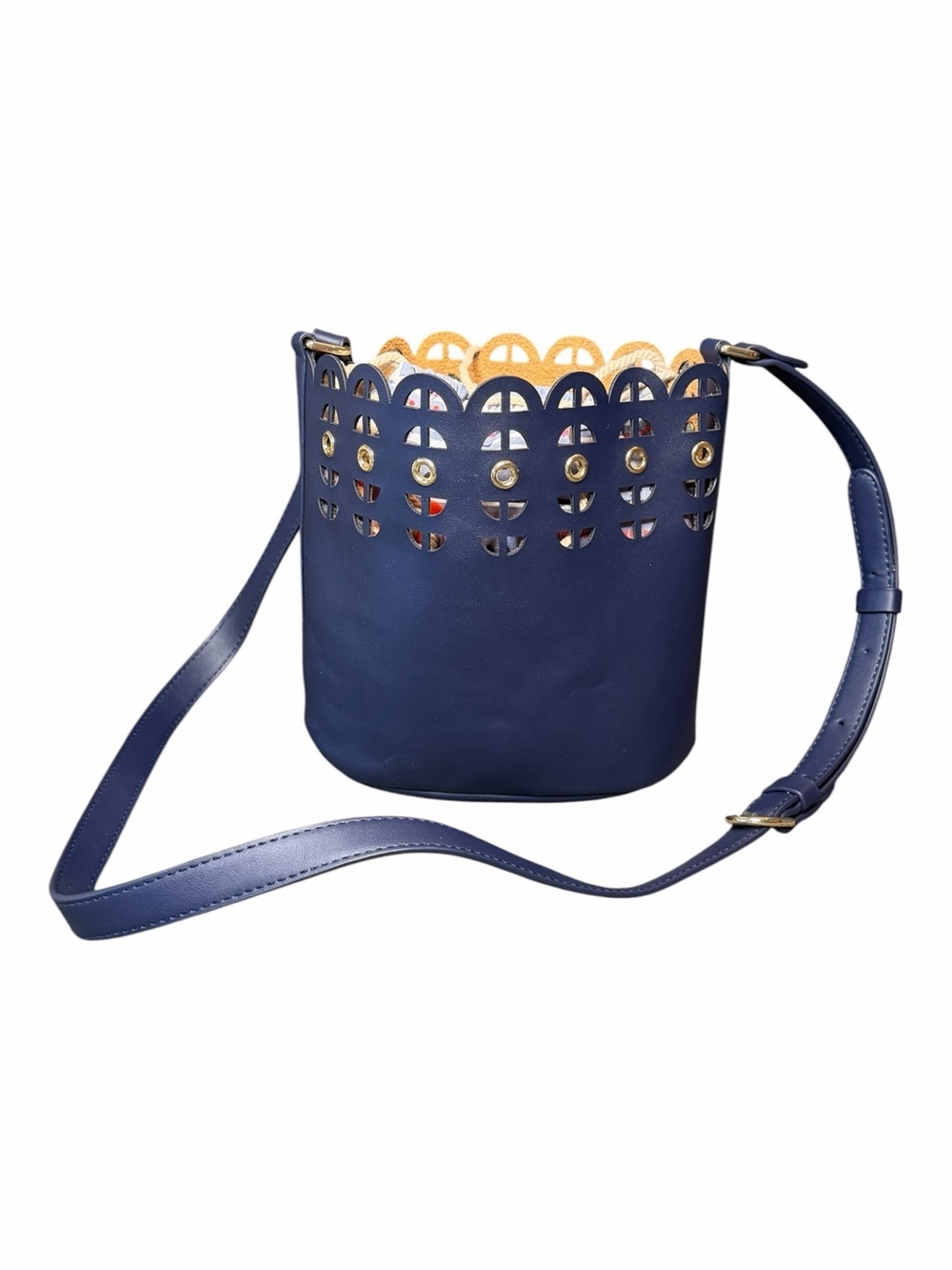Stella & Dot Navy Laser-Cut Bucket Crossbody